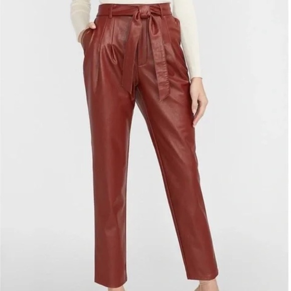 Express Women M Brown Faux Leather Pleated High Rise Paperbag Pants Trousers NWT - Picture 1 of 10